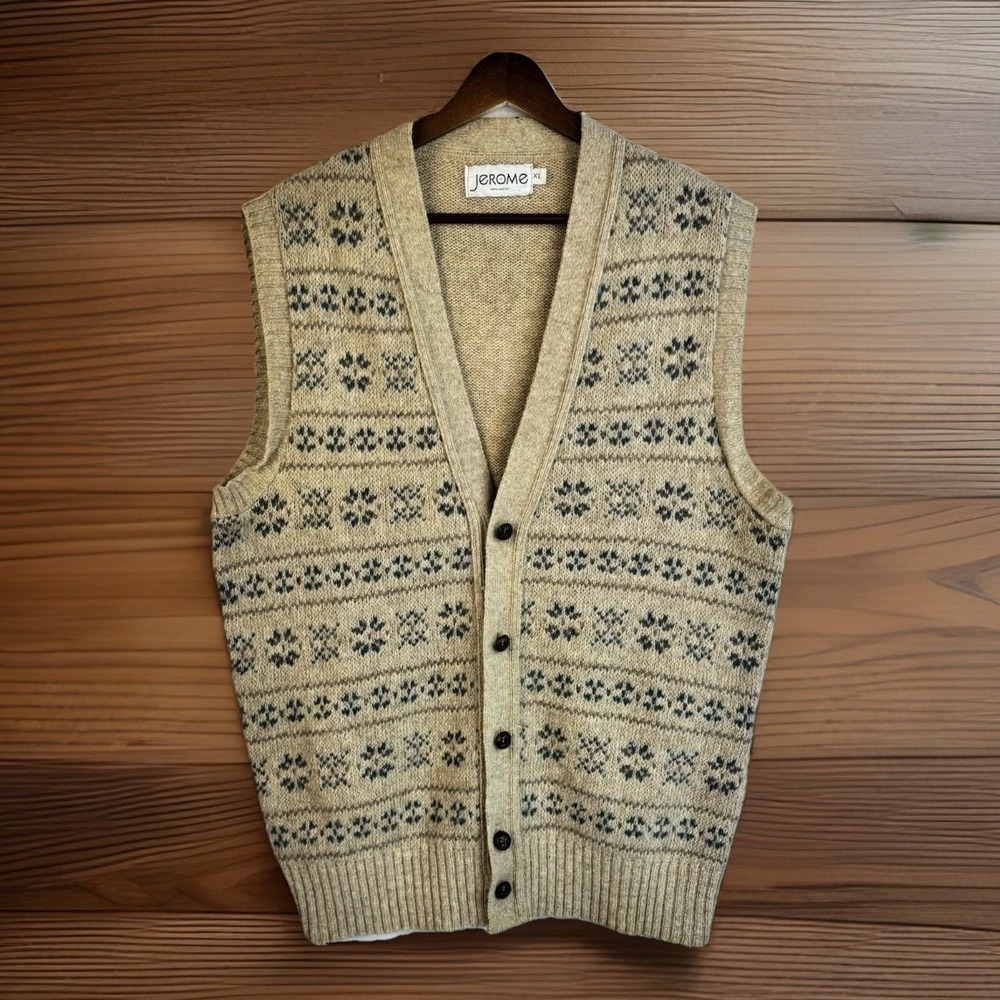 Vintage Wool Sweater Vest XL Beige Fair Isle Buttons Preppy Academia Cabincore - Picture 1 of 8
